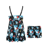 Skull flower roses leave pattern Chest Sexy Pleated Two Piece Swim Dress