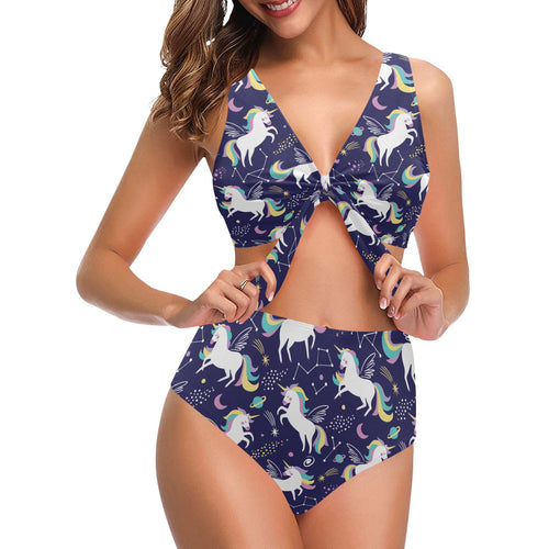 Hand drawn cute unicorn star planet Chest Bowknot High Waisted Bikini Swimsuit