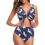 Hand drawn cute unicorn star planet Chest Bowknot High Waisted Bikini Swimsuit