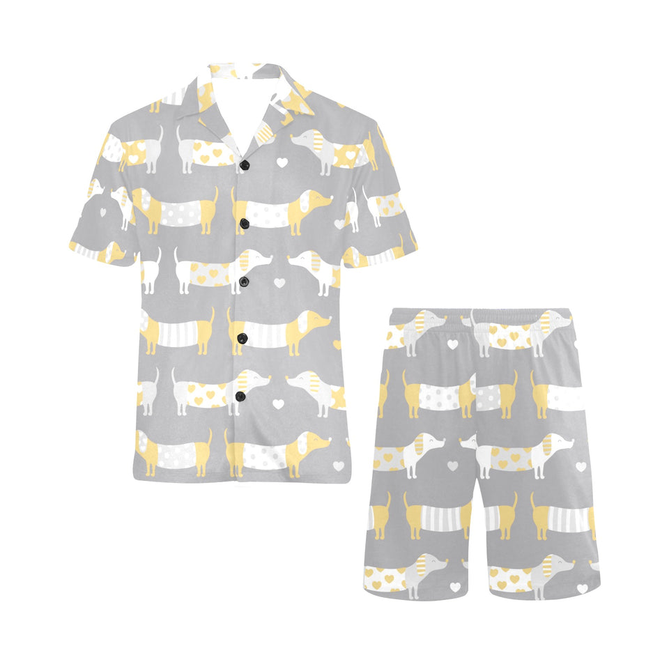 Cute dachshund dog pattern Men's V-Neck Short Pajama Set