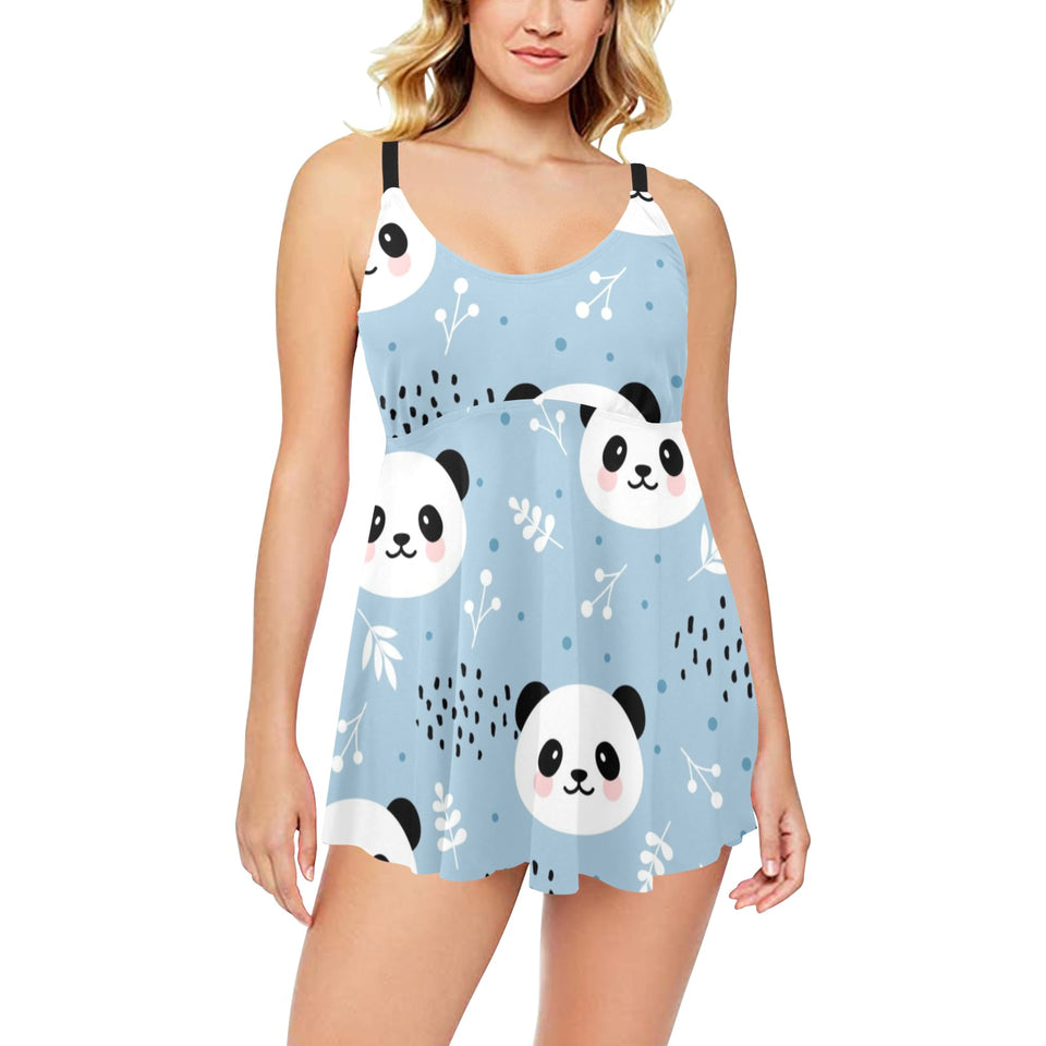 Cute panda pattern Chest Sexy Pleated Two Piece Swim Dress