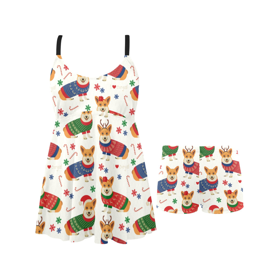 Corgi Christmas Pattern Chest Sexy Pleated Two Piece Swim Dress