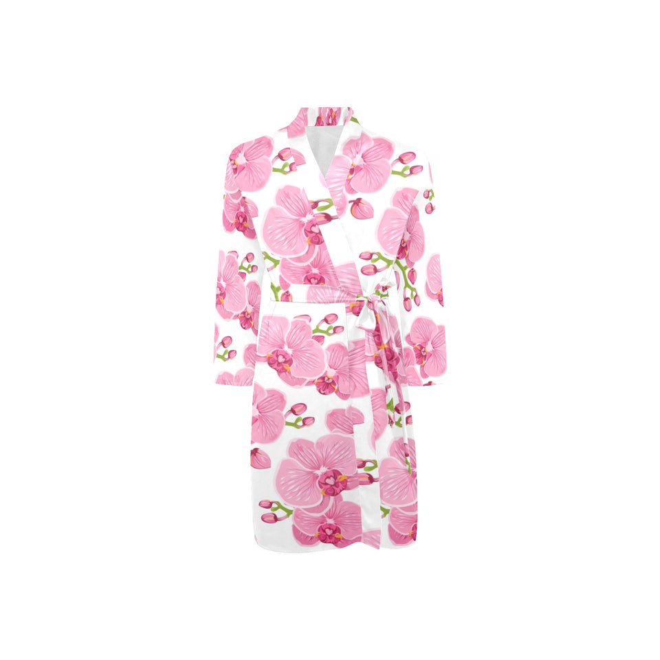 pink purple orchid pattern background Men's Long Sleeve Belted Night Robe