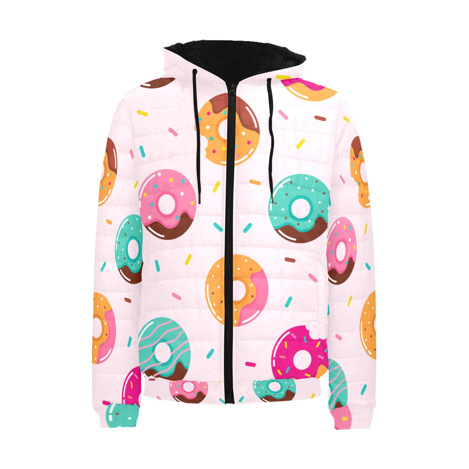 Donut pattern glaze pink background Men's Padded Hooded Jacket