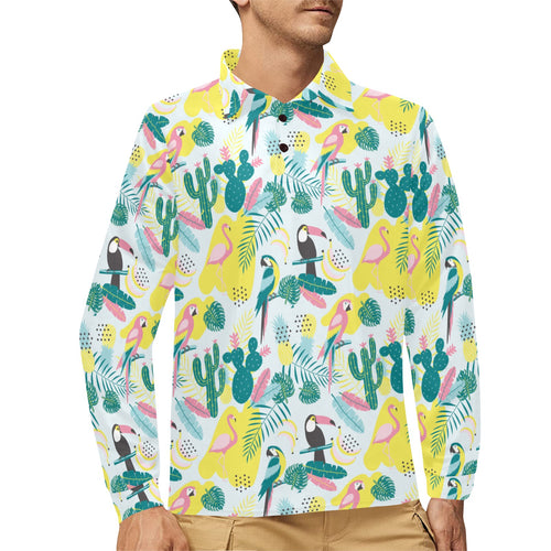 Cute parrot toucan flamingo cactus exotic leaves p Men's Long Sleeve Polo Shirt