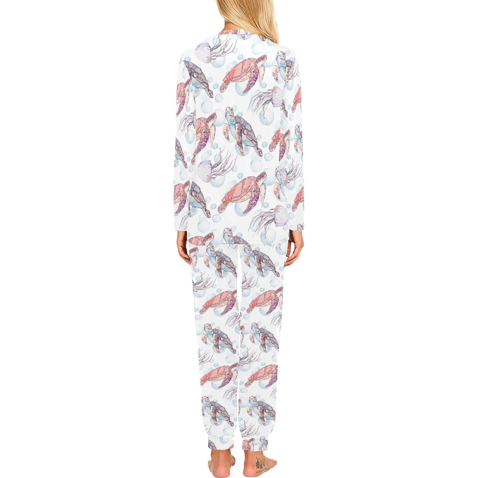 Watercolor sea turtle jellyfish pattern Women's All Over Print Pajama Set