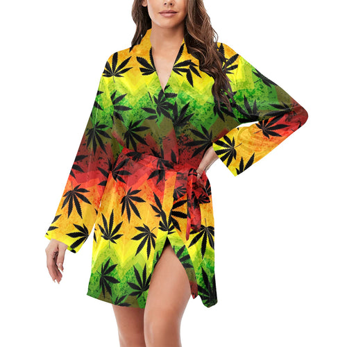 Canabis Marijuana Weed Pattern Print Design 03 Women's Long Sleeve Belted Night Robe