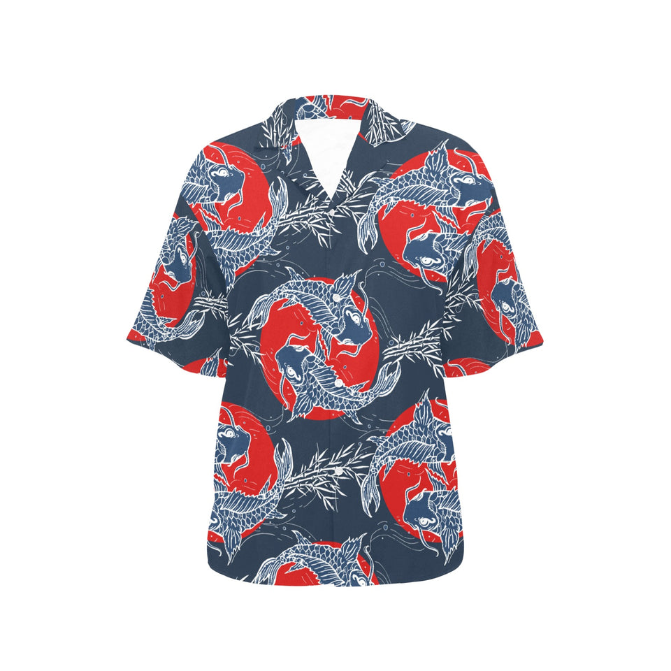 Koi Fish Carp Fishs hand drawn japanese art Women's All Over Print Hawaiian Shirt
