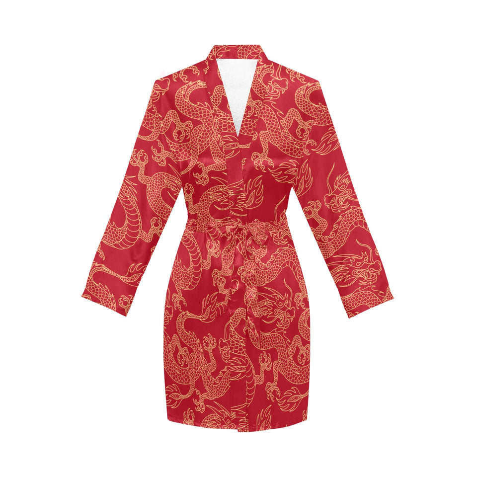 Gold dragons red background Women's Long Sleeve Belted Night Robe