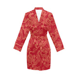 Gold dragons red background Women's Long Sleeve Belted Night Robe