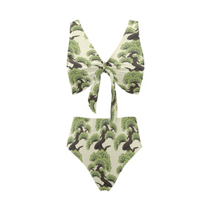 Bonsai pattern Chest Bowknot High Waisted Bikini Swimsuit