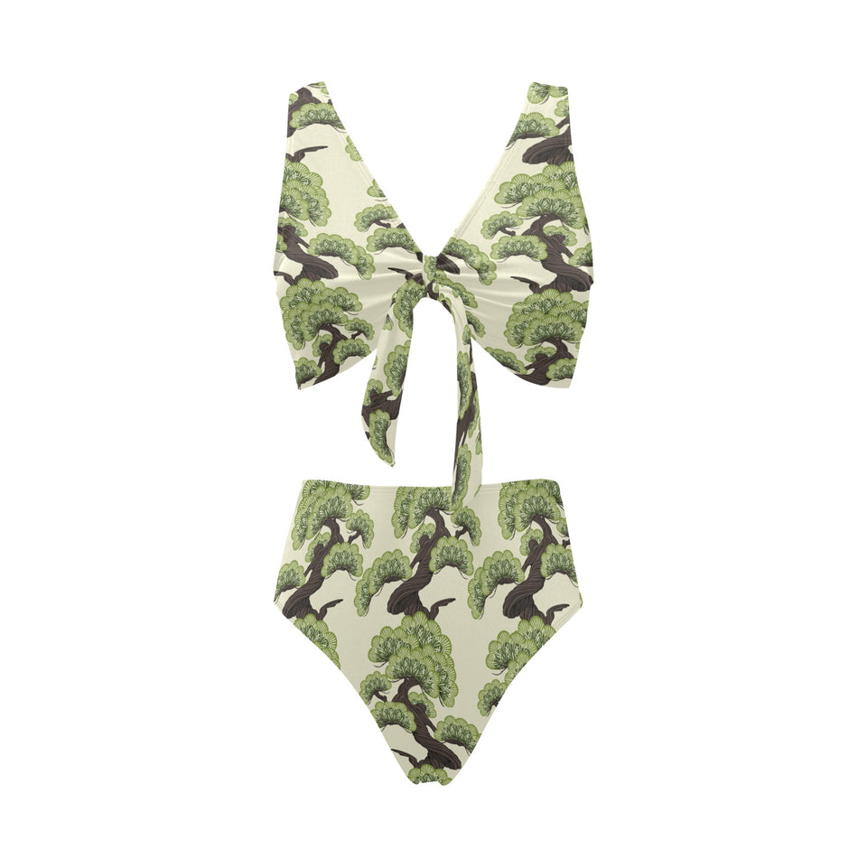 Bonsai pattern Chest Bowknot High Waisted Bikini Swimsuit