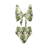 Bonsai pattern Chest Bowknot High Waisted Bikini Swimsuit