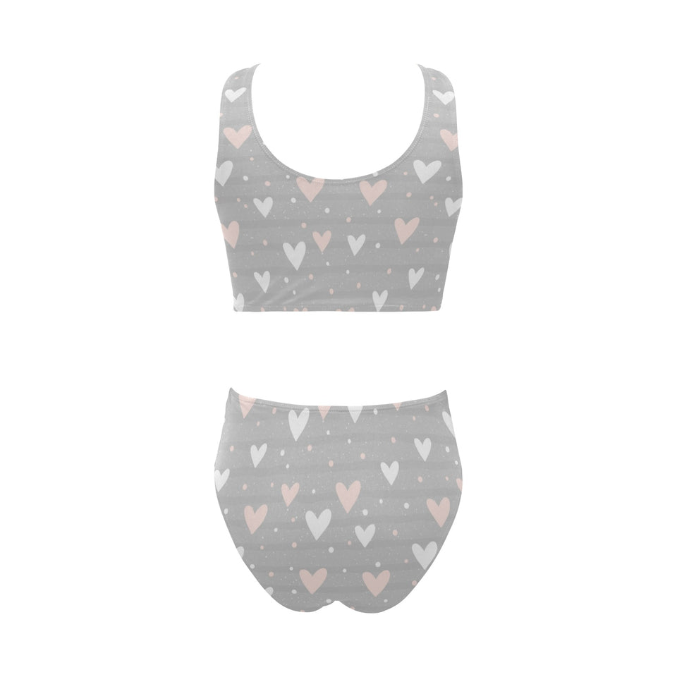 Heart pattern gray background Chest Bowknot High Waisted Bikini Swimsuit
