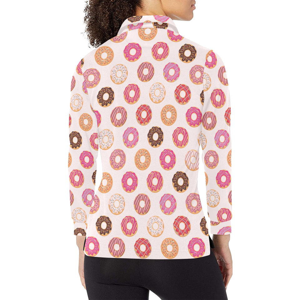 Colorful donut pattern Women's Long Sleeve Polo Shirt