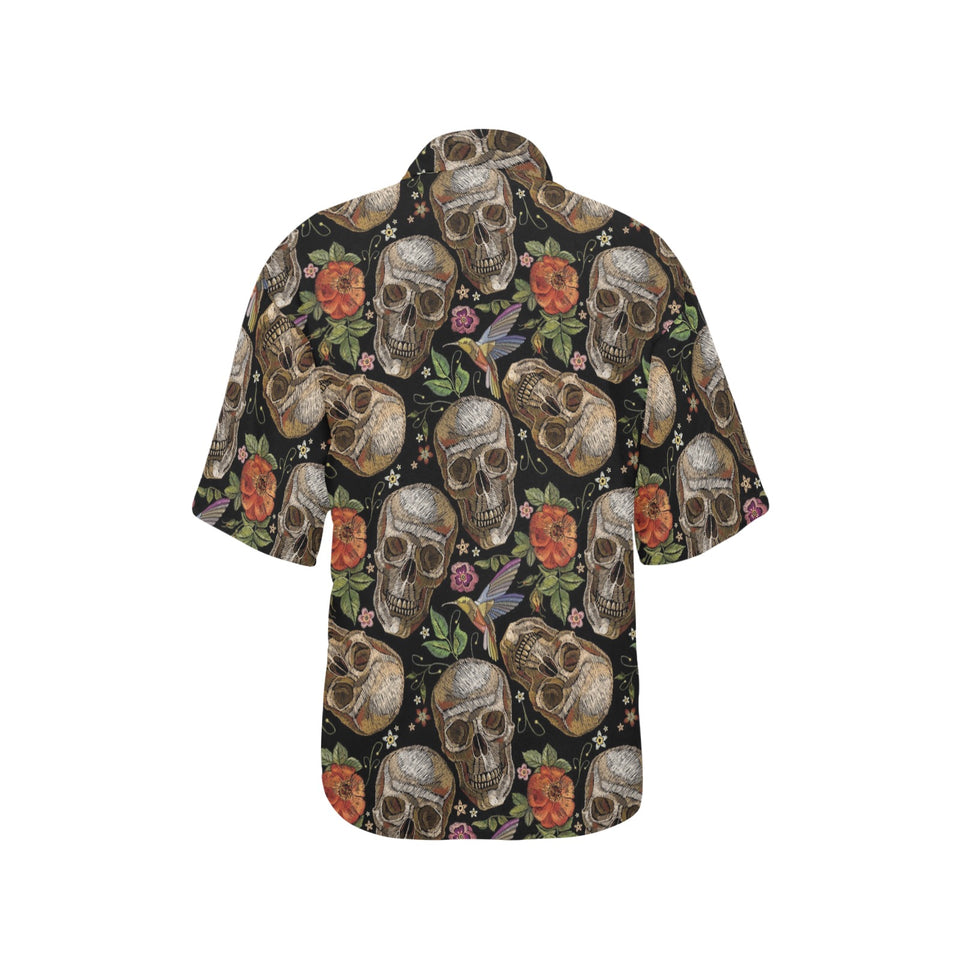 Skull rose humming bird flower pattern Women's All Over Print Hawaiian Shirt