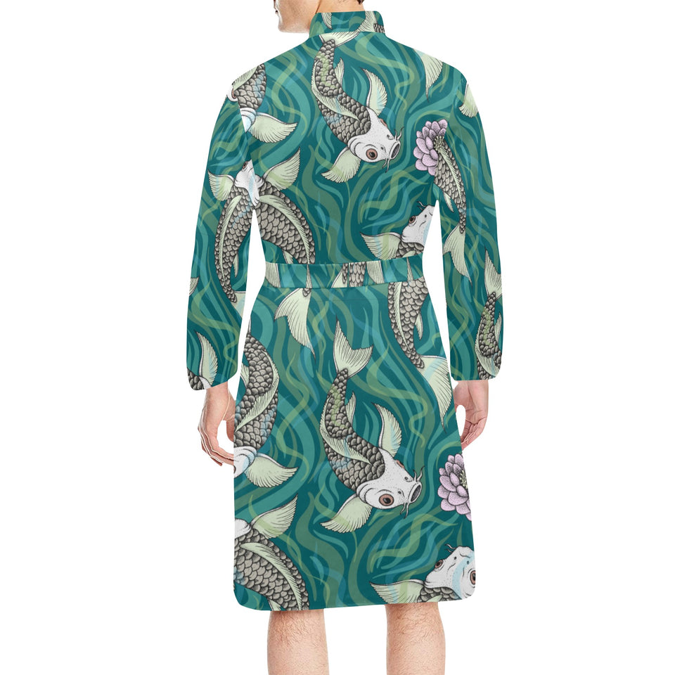 Koi Fish Carp Fish lotus pattern Men's Long Sleeve Belted Night Robe