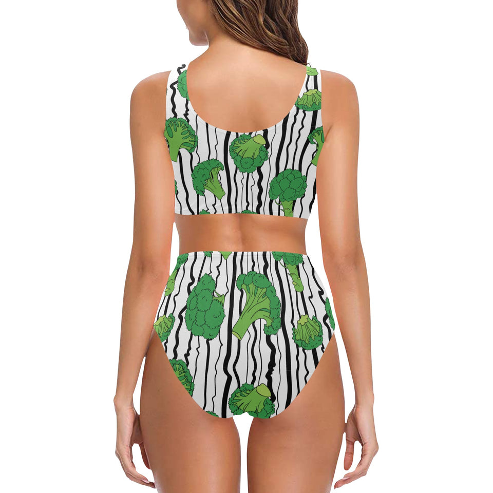 Cool Broccoli pattern Chest Bowknot High Waisted Bikini Swimsuit