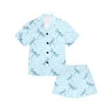 Dragonfly pattern blue background Kids' Boys' Girls' V-Neck Short Pajama Set
