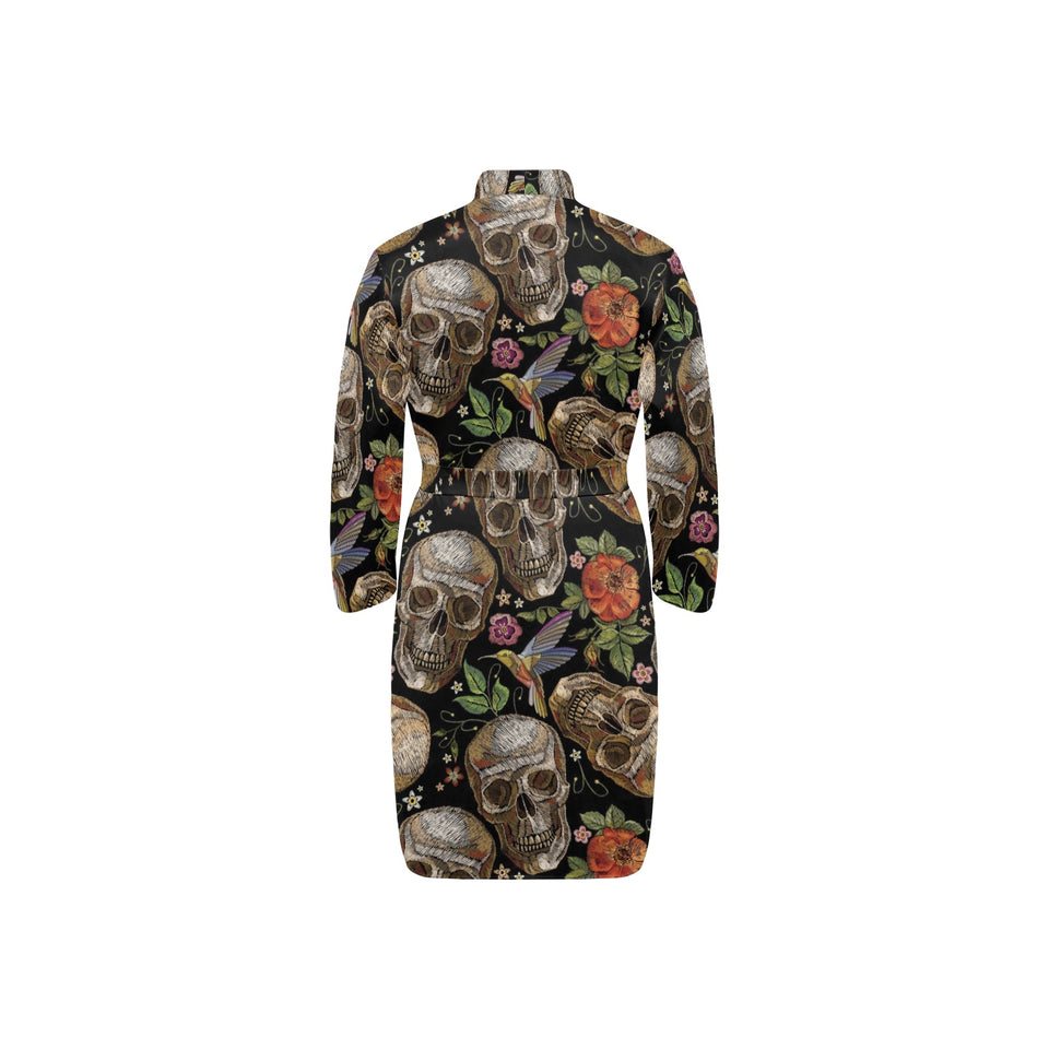 Skull rose humming bird flower pattern Men's Long Sleeve Belted Night Robe