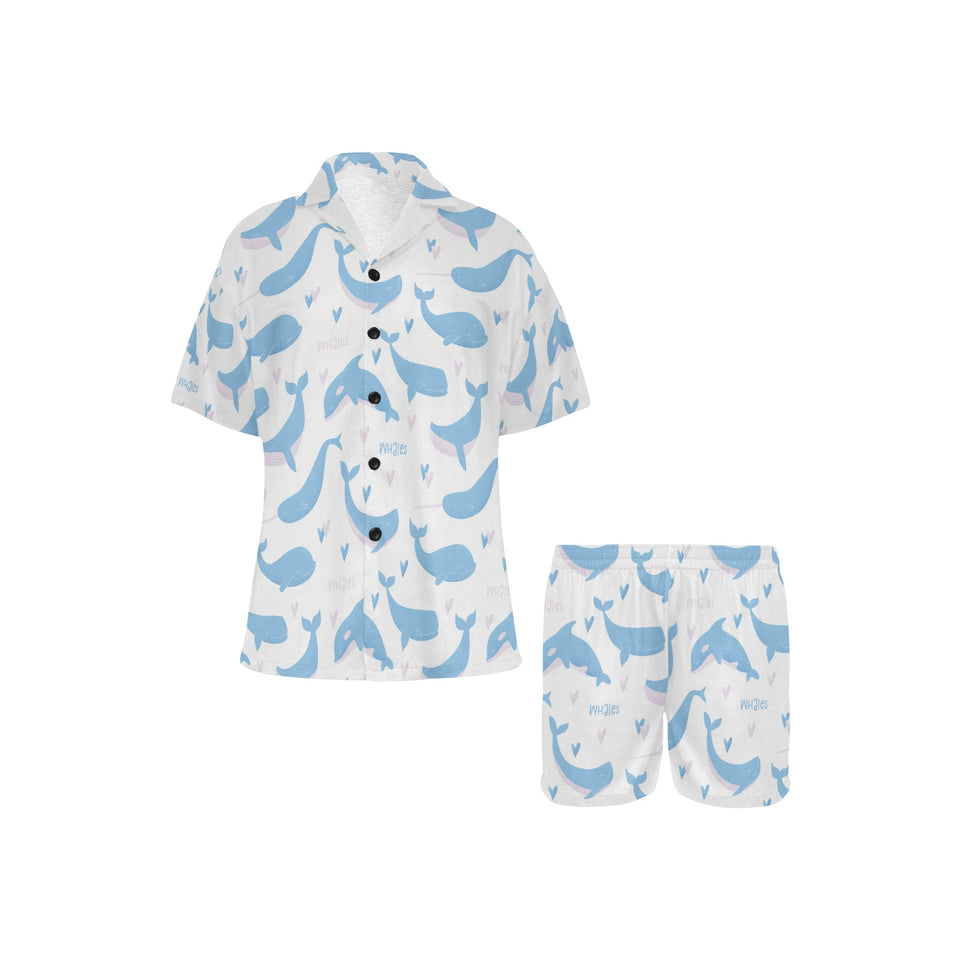 Blue whale pattern Women's V-Neck Short Pajama Set