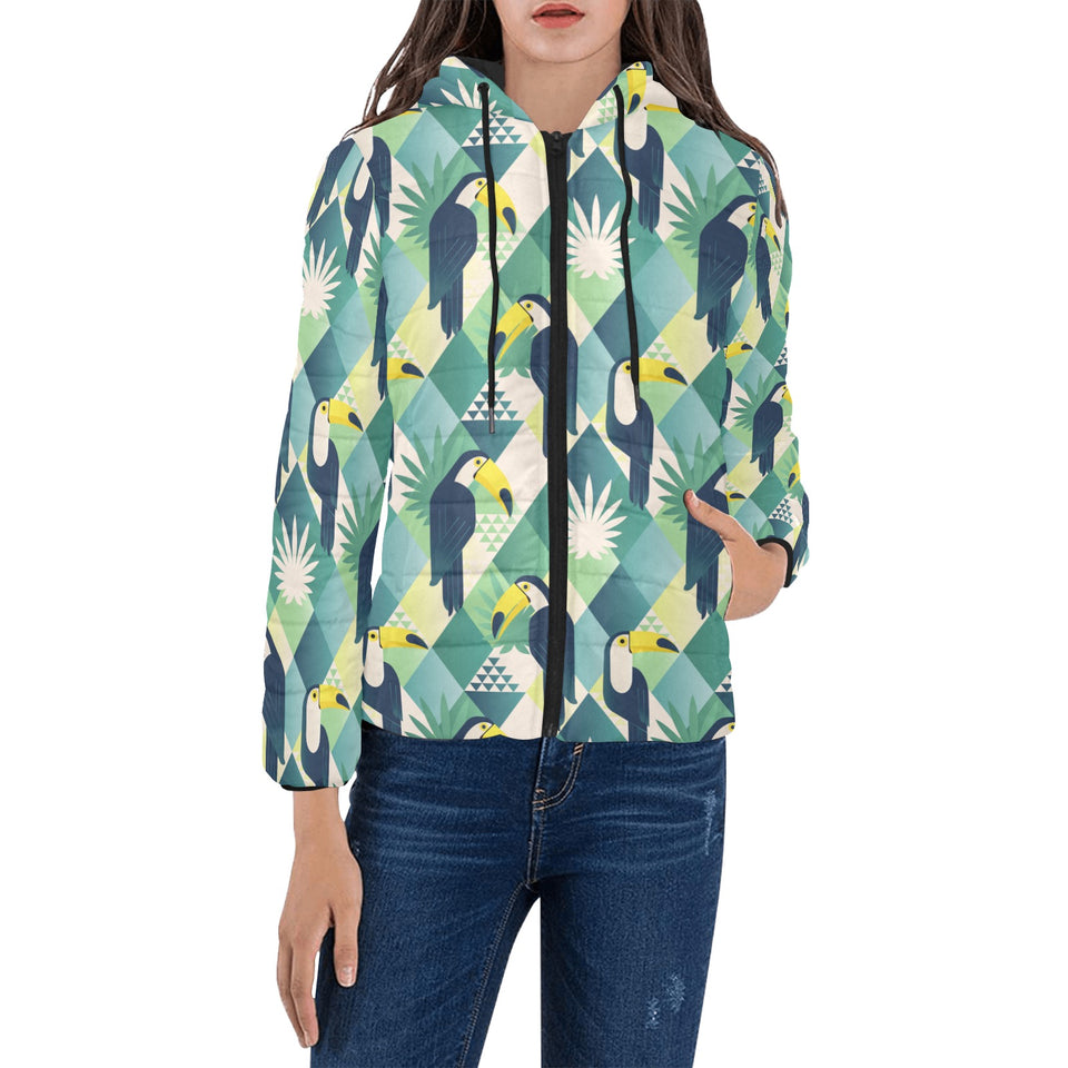 Toucan tropical leaves design pattern Women's Padded Hooded Jacket
