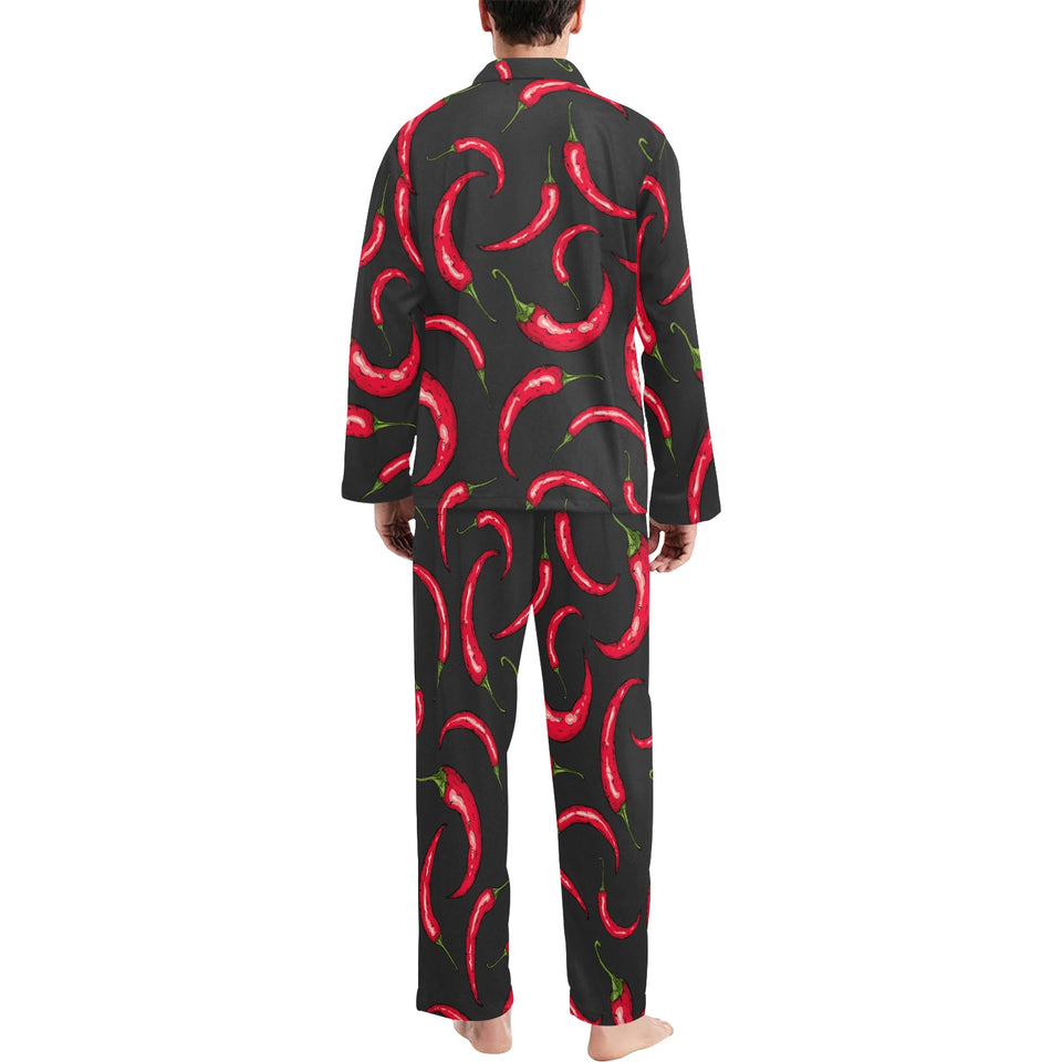 Chili peppers pattern black background Men's Long Pajama Set