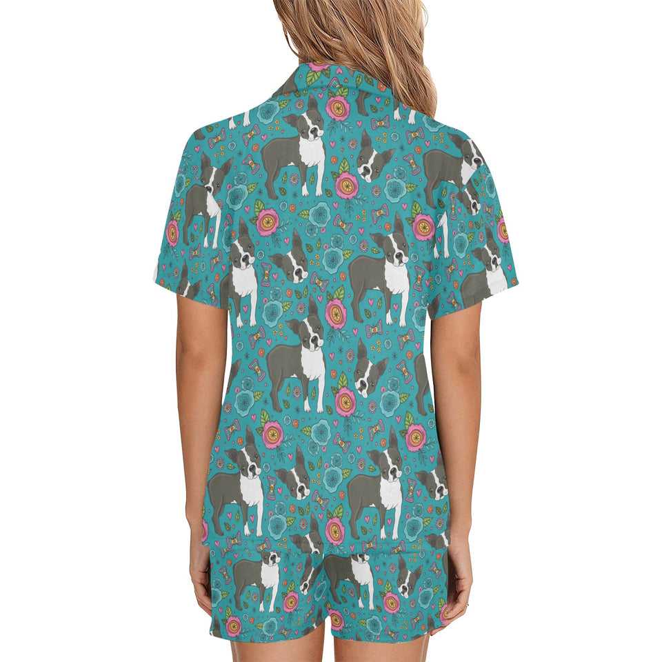 Boston terrier beautiful flower pattern Women's V-Neck Short Pajama Set