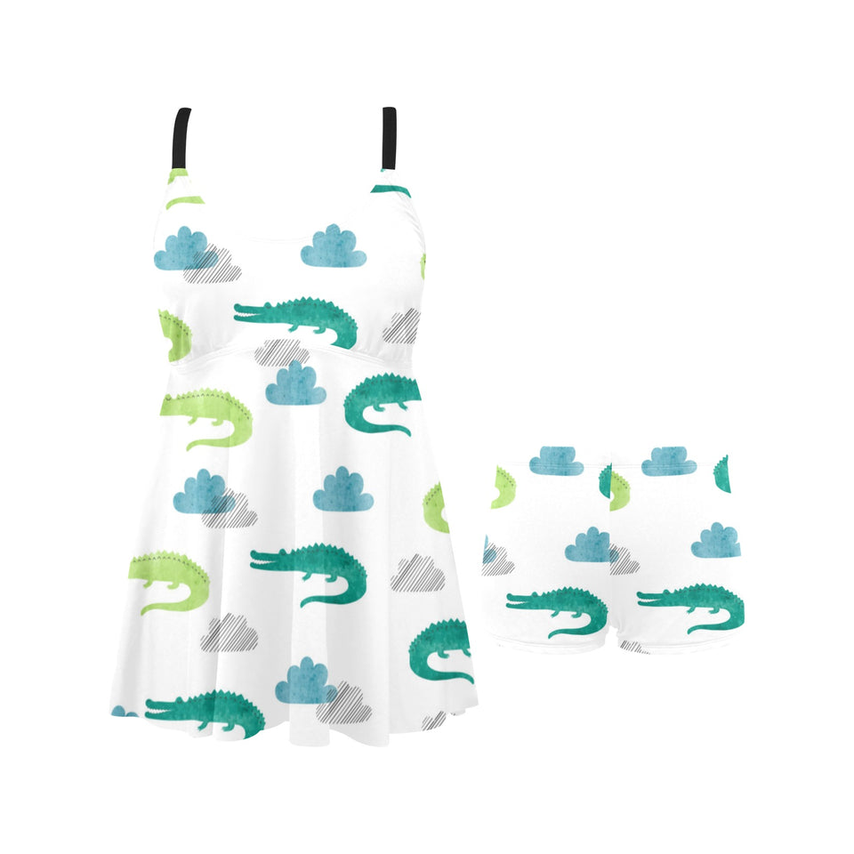 watercolor crocodile pattern Chest Sexy Pleated Two Piece Swim Dress