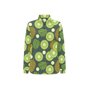 Whole sliced kiwi leave and flower Women's Long Sleeve Polo Shirt