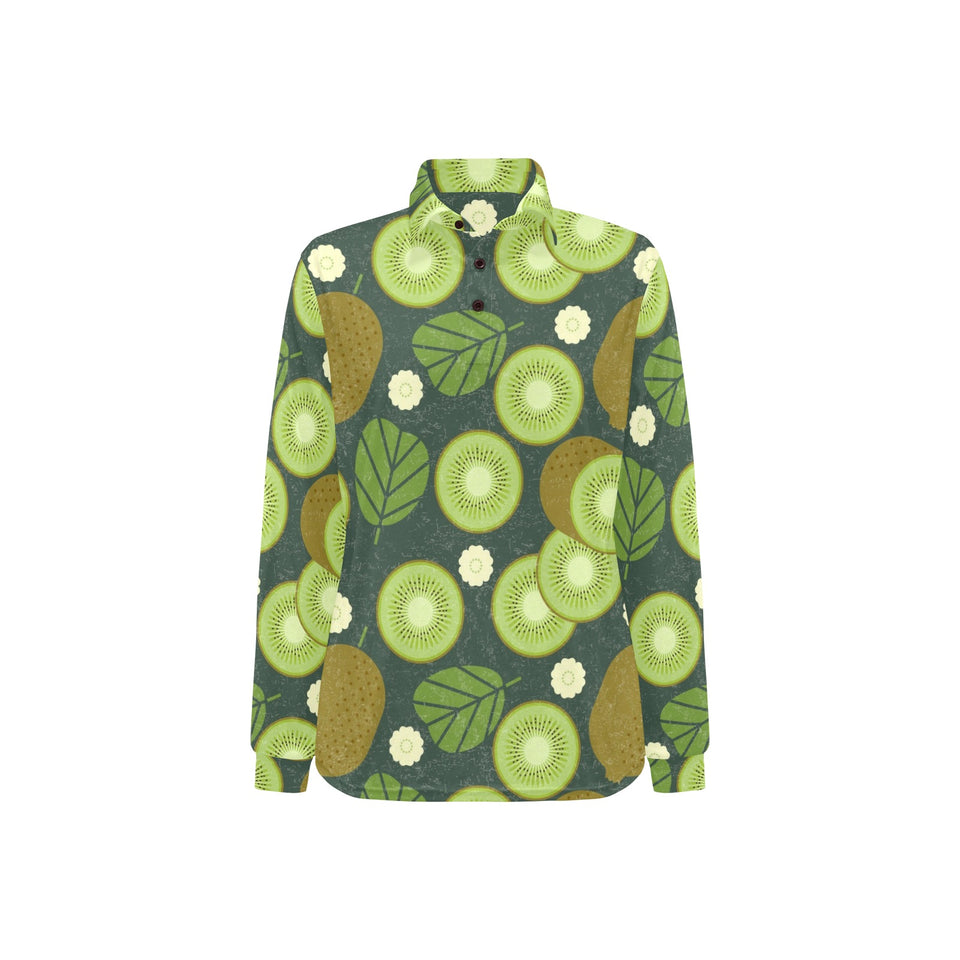 Whole sliced kiwi leave and flower Women's Long Sleeve Polo Shirt