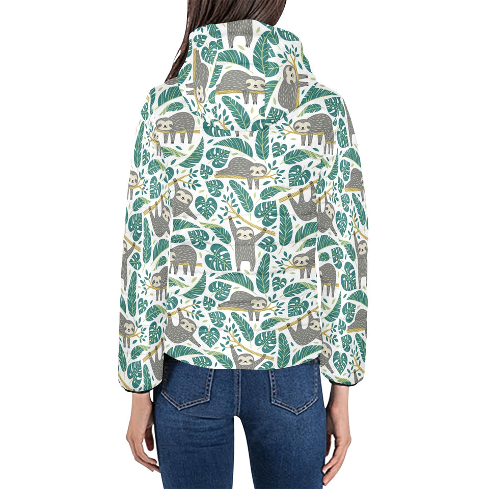 Cute sloths tropical palm leaves white background Women's Padded Hooded Jacket