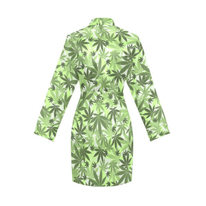 Canabis Marijuana Weed Pattern Print Design 01 Women's Long Sleeve Belted Night Robe