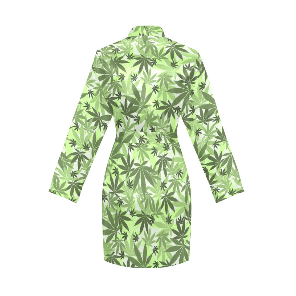 Canabis Marijuana Weed Pattern Print Design 01 Women's Long Sleeve Belted Night Robe