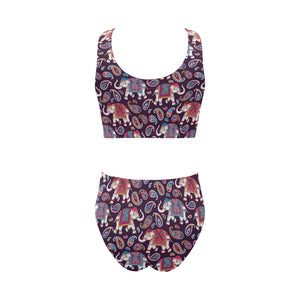Elephant indian style ornament pattern Chest Bowknot High Waisted Bikini Swimsuit