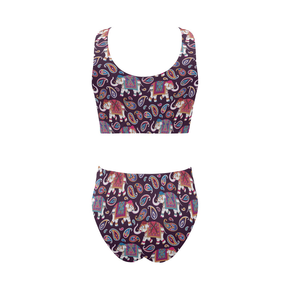 Elephant indian style ornament pattern Chest Bowknot High Waisted Bikini Swimsuit