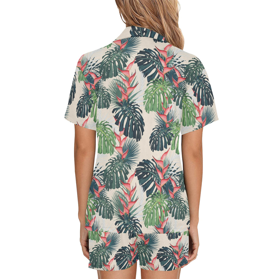 heliconia flowers, palm and monstera leaves Women's V-Neck Short Pajama Set