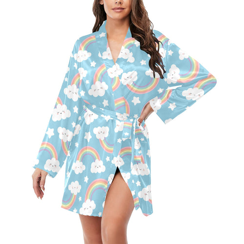 Cute rainbow clound star pattern blue background Women's Long Sleeve Belted Night Robe