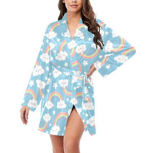 Cute rainbow clound star pattern blue background Women's Long Sleeve Belted Night Robe