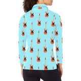 electric guitar pattern light blue background Women's Long Sleeve Polo Shirt