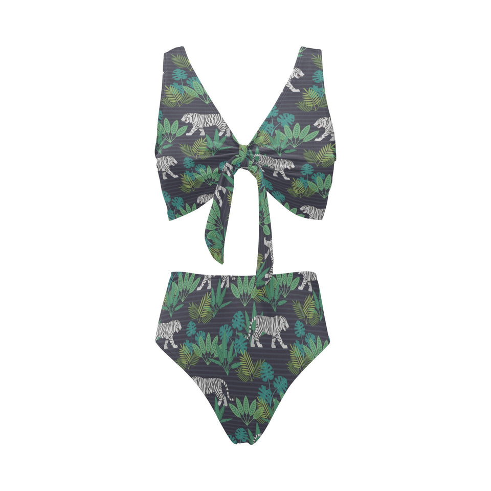 white bengal tigers tropical plant Chest Bowknot High Waisted Bikini Swimsuit
