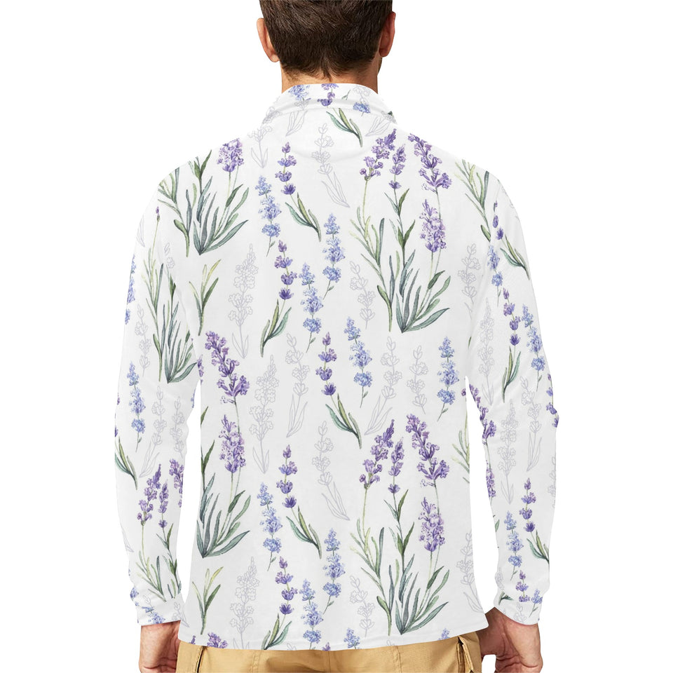 Hand painting Watercolor Lavender Men's Long Sleeve Polo Shirt