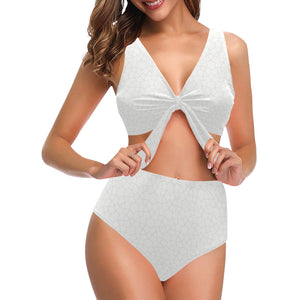 arabic white pattern Chest Bowknot High Waisted Bikini Swimsuit
