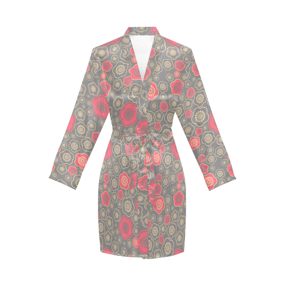 Red gold Sakura cherry blossom gray background Women's Long Sleeve Belted Night Robe