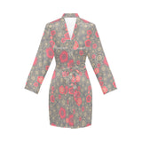 Red gold Sakura cherry blossom gray background Women's Long Sleeve Belted Night Robe