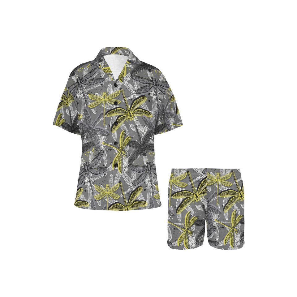 Hand drawn dragonfly pattern Women's V-Neck Short Pajama Set