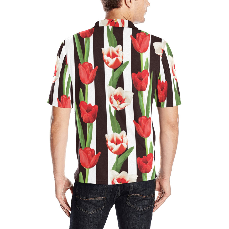 red and white tulips pattern Men's All Over Print Polo Shirt
