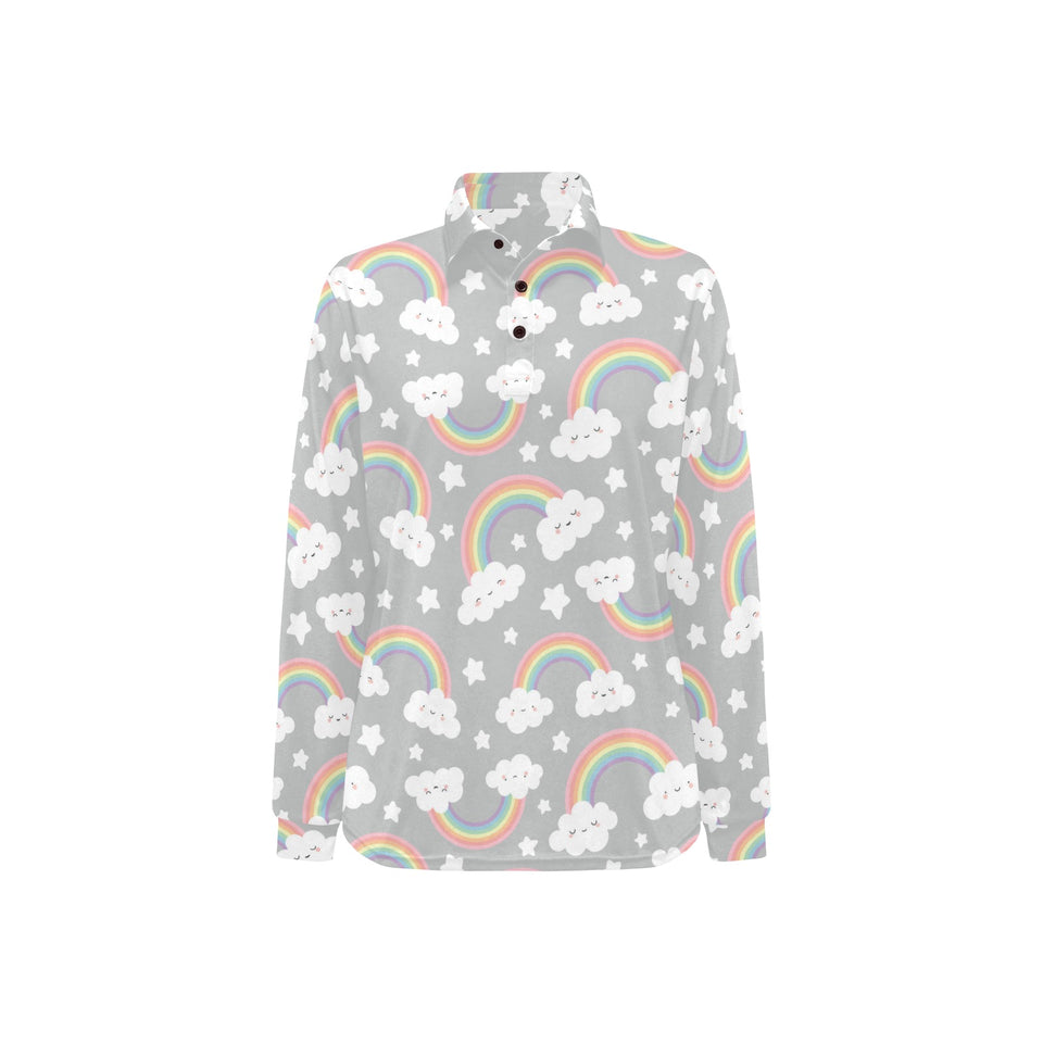 Cute rainbow clound star pattern Women's Long Sleeve Polo Shirt
