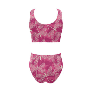 Beautiful dragonfly pink background Chest Bowknot High Waisted Bikini Swimsuit