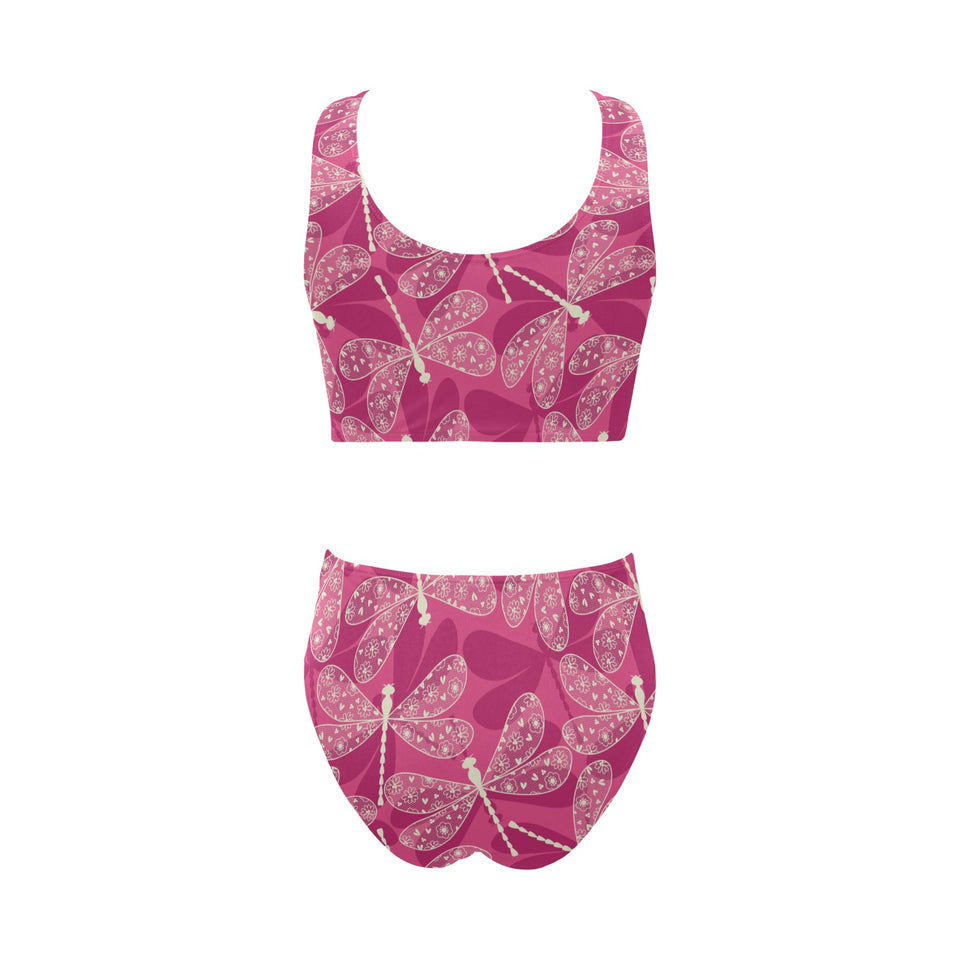 Beautiful dragonfly pink background Chest Bowknot High Waisted Bikini Swimsuit